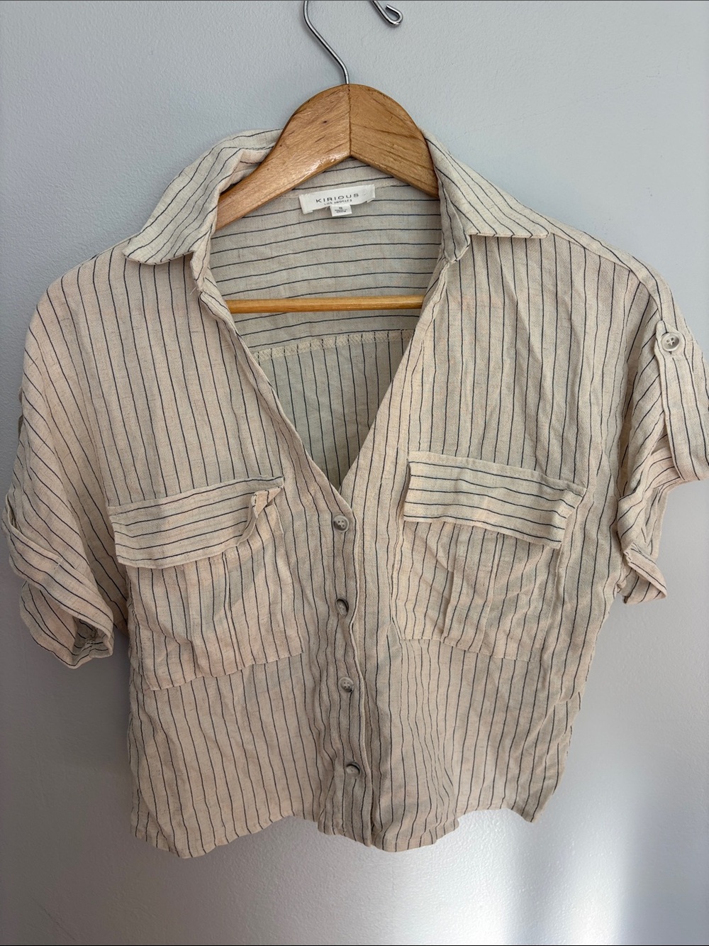 Kinross Beige and Navy Striped Short-Sleeve Button-Down Shirt